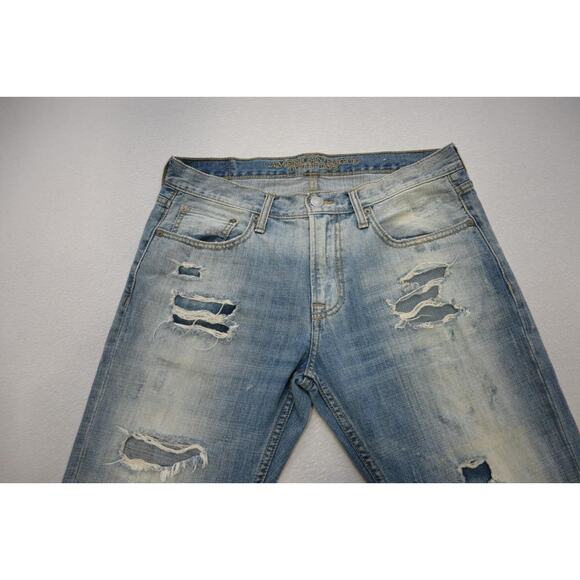 American Eagle Slim Straight Destroyed Rugged Light Blue Jeans Mens Sz 32 x 34 - Picture 6 of 11